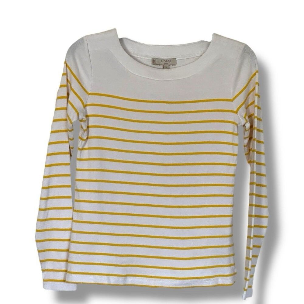 Hobbs London Women’s White Yellow Stripe Long Sleeve Top XS Classic Comfy